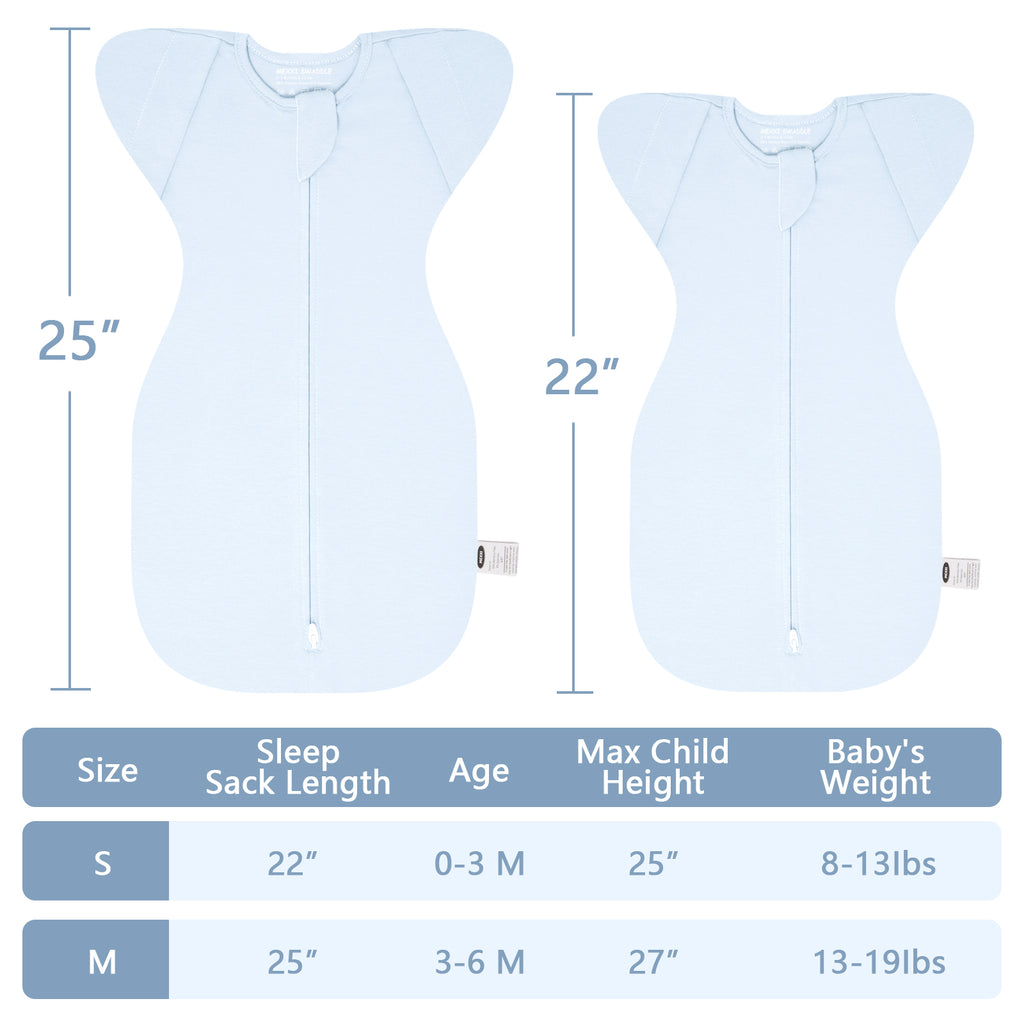 Baby sleep sack with dimensions and size chart on a white background