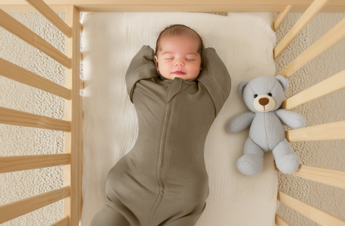 Baby in a green onesie lying in a crib with a gray teddy bear